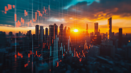 Fototapeta premium Smart digital Innovation Business skyscrapers in the Financial District with connection network reciprocity over the cityscape. of future smart wireless digital city and social media networking