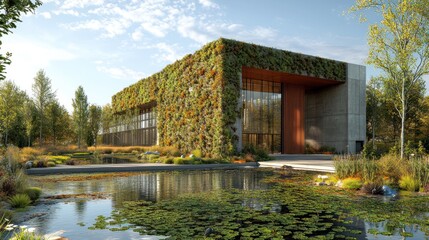 Fototapeta premium Modern building with greenery, reflecting nature and sustainability.