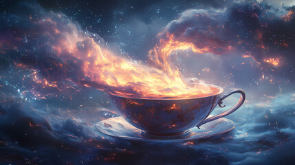 Whimsical fantasy huge storm in tea cup, generative ai. Whimsical. Illustration