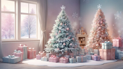 A beautifully decorated Christmas tree surrounded by soft glowing lights, nestled in a warm living room setting.