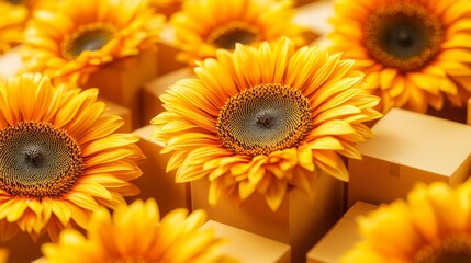 Obraz premium Sunflower Field with Boxes as Petals, implies Inventory Bloom