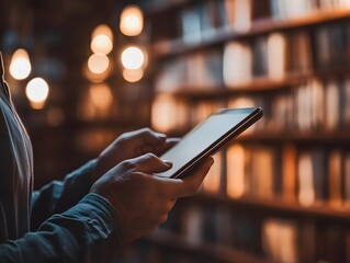 A person using a tablet in a dimly lit library filled with books.