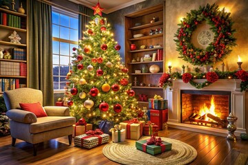 Obraz premium Modern Christmas Tree Decor with Colorful Ornaments and Festive Decorations in a Cozy Living Room Setting, Perfect for Holiday Celebrations and Seasonal Joy