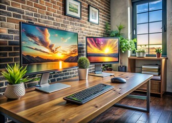 Modern Desktop Computer Setup with Dual Monitors, Ergonomic Accessories, and Ambient Lighting in a Contemporary Home Office Space for Productivity and Creativity