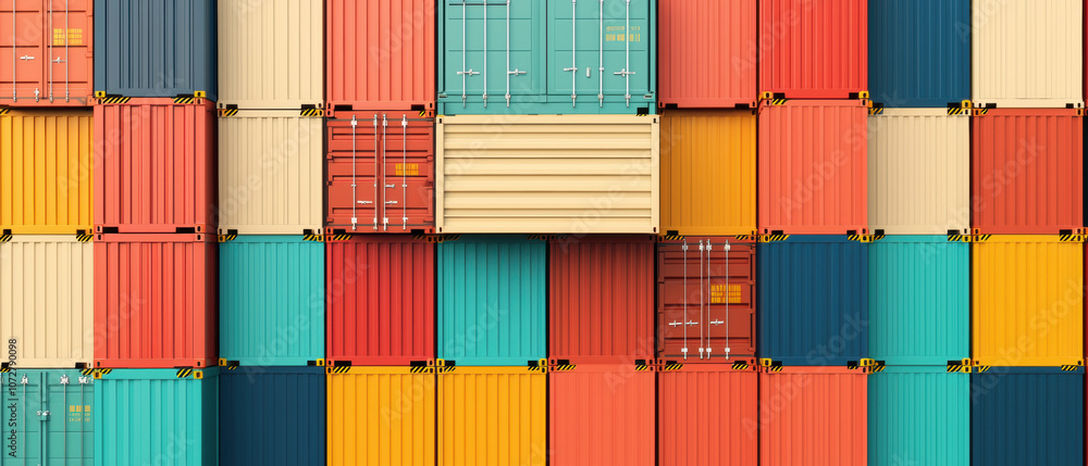 Poster a vibrant arrangement of shipping containers in various colors and sizes, creating a visually striki