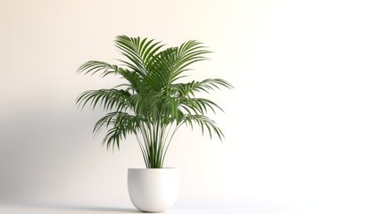 A potted palm tree with lush green leaves in a white pot against a white background.