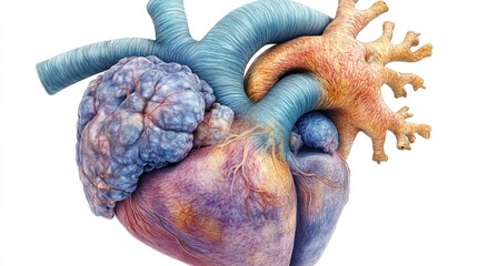 Anatomical illustration of a human heart with detailed structures.
