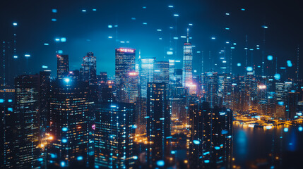 Obraz premium Smart digital Innovation Business skyscrapers in the Financial District with connection network reciprocity over the cityscape. of future smart wireless digital city and social media networking