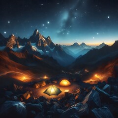 It is a fantasy landscape with a tent and mountains at night. 3D illustration generated by AI