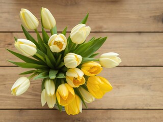 Bouquet of fresh yellow and white tulips in a vase on wooden table, floral, bouquet