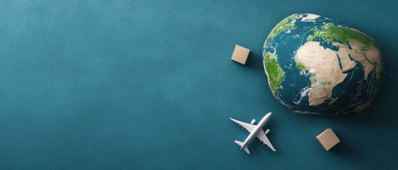 Fototapeta premium A globe with an airplane and shipping boxes symbolizes global travel, trade, and logistics in a modern, digitally-inspired design.