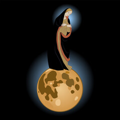 Holy Virgin Mary as lunar goddess. Pious saint lady standing on a shining full moon in night sky. Creative concept.