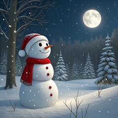 Obraz premium Snowman in a Moonlit Winter Wonderland