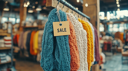 Obraz premium Colorful knitted sweaters on display with a prominent sale sign in a cozy, rustic shop atmosphere.