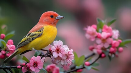A vibrant bird perched on blooming pink flowers.