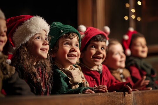Children delight in a festive Christmas puppet show while wearing colorful holiday hats in a cozy, cheerful setting