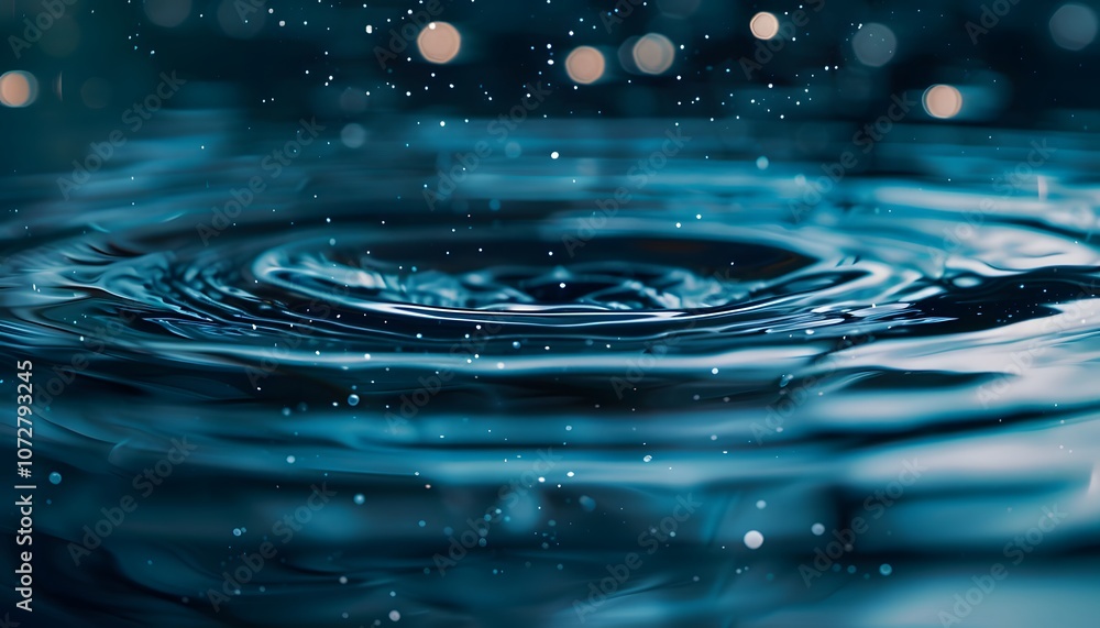 Poster close-up of water ripples with floating droplets and soft bokeh background.