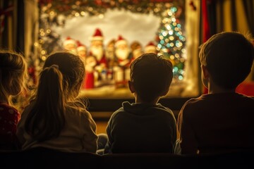 Children enjoy a magical Christmas puppet show in a cozy setting filled with festive decorations and a Christmas tree