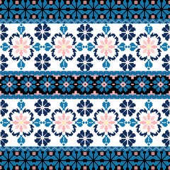 Art Abstract with Floral Pixel Designs. Traditional Cross Stitch needlework. Geometric Ethnic Pattern, Embroidery, Textile Ornamental, Fabric, Hand Stitch Pattern, Cultural Stitching Pixel Art