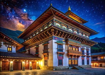 Night Photography of a Beautifully Decorated Monastery Facade in Bhutan with Traditional Elements Illuminated by Soft Lights Against a Starry Sky