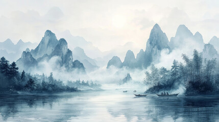 Fototapeta premium Traditional Chinese landscape painting, ink painting, and natural scenery