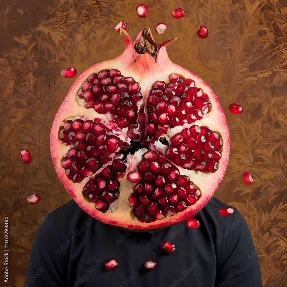 Poster man with pomegranate instead of his head, conceptual image generated by ai