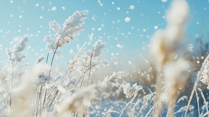 Frosty Grass Stalks Under a Blue Sky with Snowflakes Falling