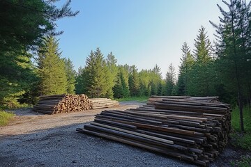 Lumber stacks in a forested landscape under clear blue sky