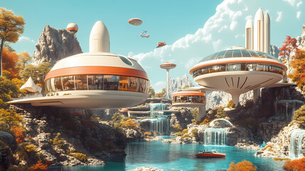 A retro-futuristic utopia where advanced technology and sleek design merge seamlessly with natural landscapes, creating an idyllic vision of the future. illustration. Utopia. Illustration