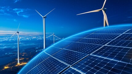 Digital Earth with Solar Panels and Wind Turbines