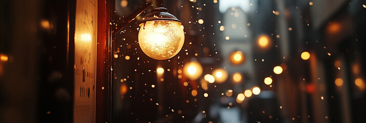 Obraz premium Soft glow of illumination against a blurred snowy background, capturing a serene winter atmosphere with gentle lighting and scattered snowflakes. Tranquil winter scenery with blurred snow and soft 