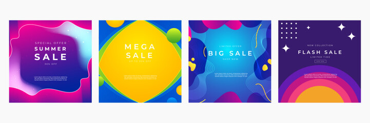 Colorful Promotional Banners for Mega, Big, Flash, and Summer Sales. A set of vibrant promotional banners featuring designs for mega, big, flash, and summer sales