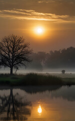 Obraz premium Sunrise in the English countryside with misty trees in the foreground generated by AI