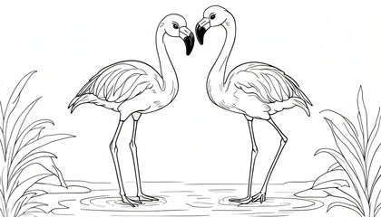 Obraz premium black and white drawing of flamingos standing in the water of a lake