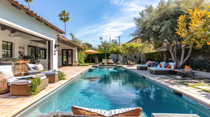 luxurious backyard with swimming pool and comfortable patio furniture