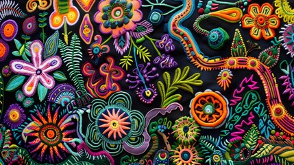 Colorful Huichol Yarn Painting Art from Mexico