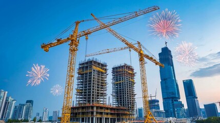 Fototapeta premium Vibrant High-Rise Construction with Fireworks Display