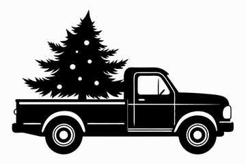 Classic pickup truck carrying christmas trees, Silhouette of vintage pickup, symbolizing the holiday spirit and the joy of bringing home festive cheer