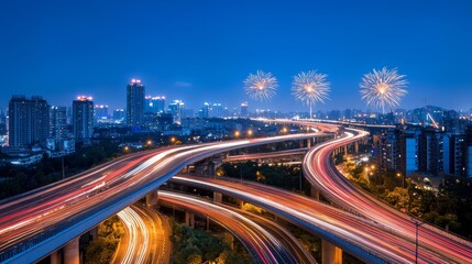 Obraz premium New Highways Under Construction with Fireworks at Night