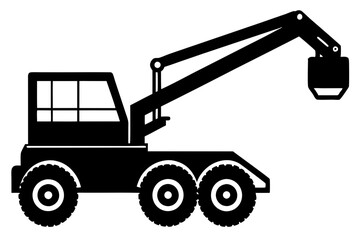 silhouette of a boom lift with large wheels.