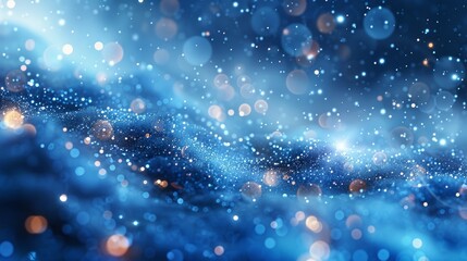 Abstract blue background with bokeh lights and a wave pattern.