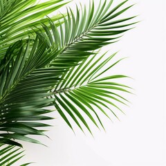 A close-up view of lush green palm leaves against a white background.