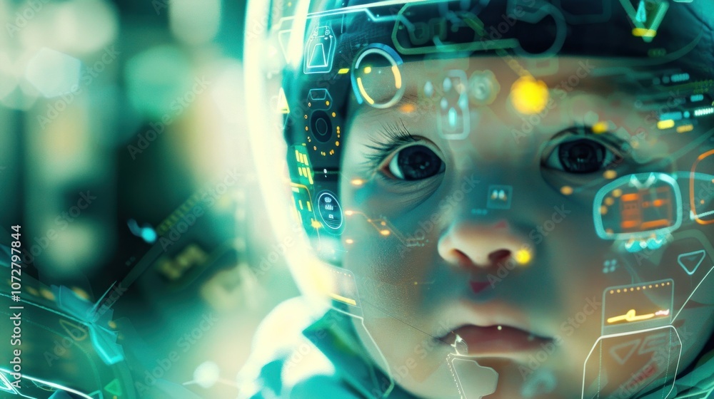 Aufkleber a futuristic baby portrait with a layer of technological data surrounding it.