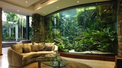 In this unconventional living room a large glass tank filled with a lush undersea garden serves as a unique and captivating focal point.