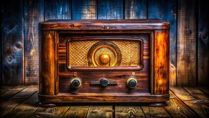 Nostalgic Night Photography of an Ancient Wooden Radio Receiver, Capturing the Charm of Vintage Technology with Deteriorated Details and Retro Aesthetics in a Dark Setting