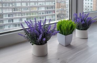 Lavender sprigs and green grass in pots on a shelf near the window.