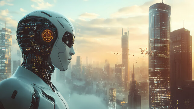 Ai utopia: harmonious coexistence with machines, utopian society where humans and ai-powered robots coexist harmoniously,. Utopia. Illustration