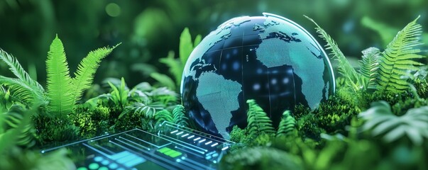 Digital Globe Emitting Green Energy in Nature