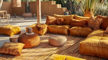 A bohemianstyle lounge area with a mix of inflatable chairs and poufs in earthy tones like mustard yellow and burnt orange.