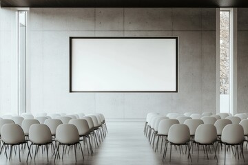 Contemporary conference room featuring minimalist design with rows of chairs and a large projector screen ready for presentations